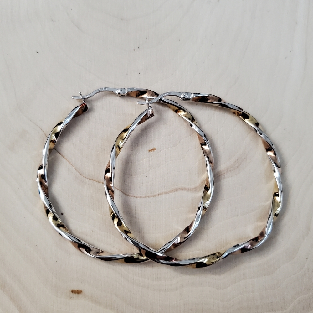 Sterling Silver 925 Two Tone Twisted Hoop Earrings - Picture 6 of 9